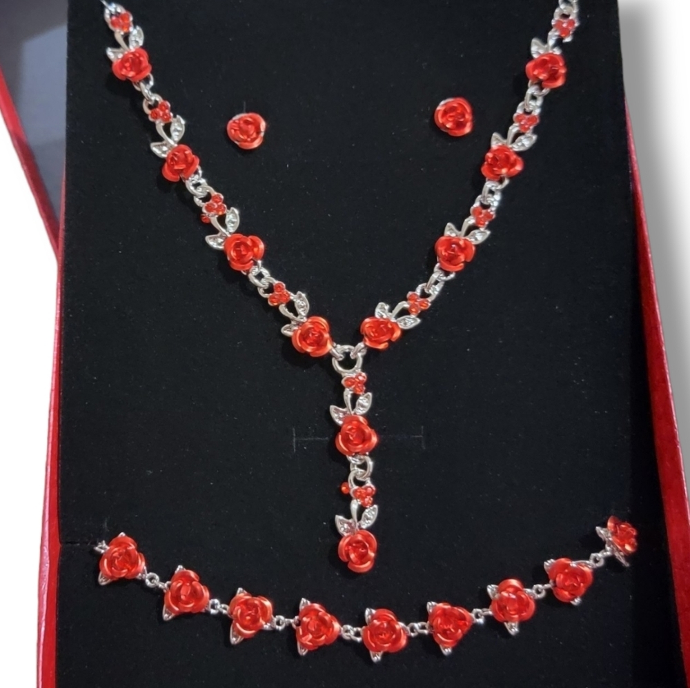 3pc Vintage Rose Jewelry Box Gift Set for Women | Necklace, Earrings & Bracelet